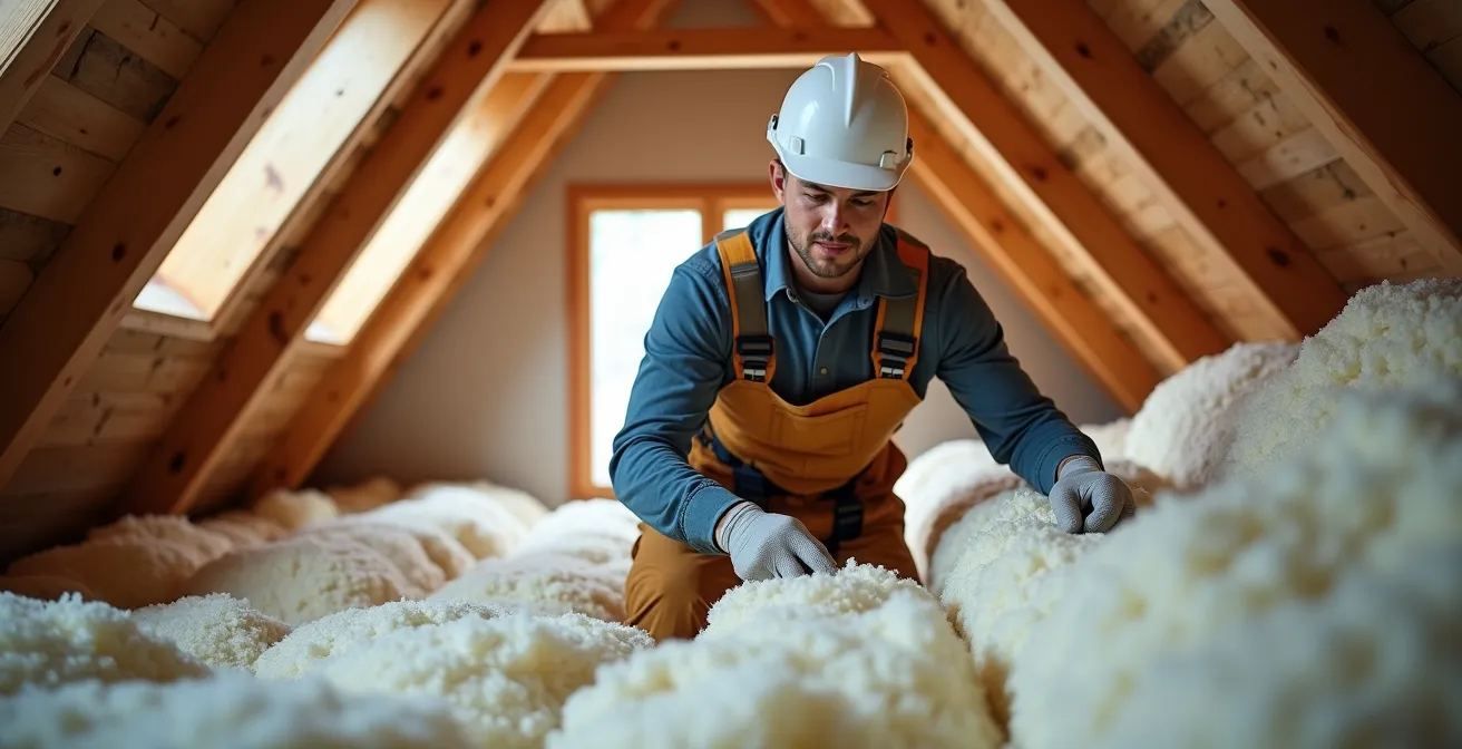 Ouvrier installant de l'isolation dans les combles d'une maison