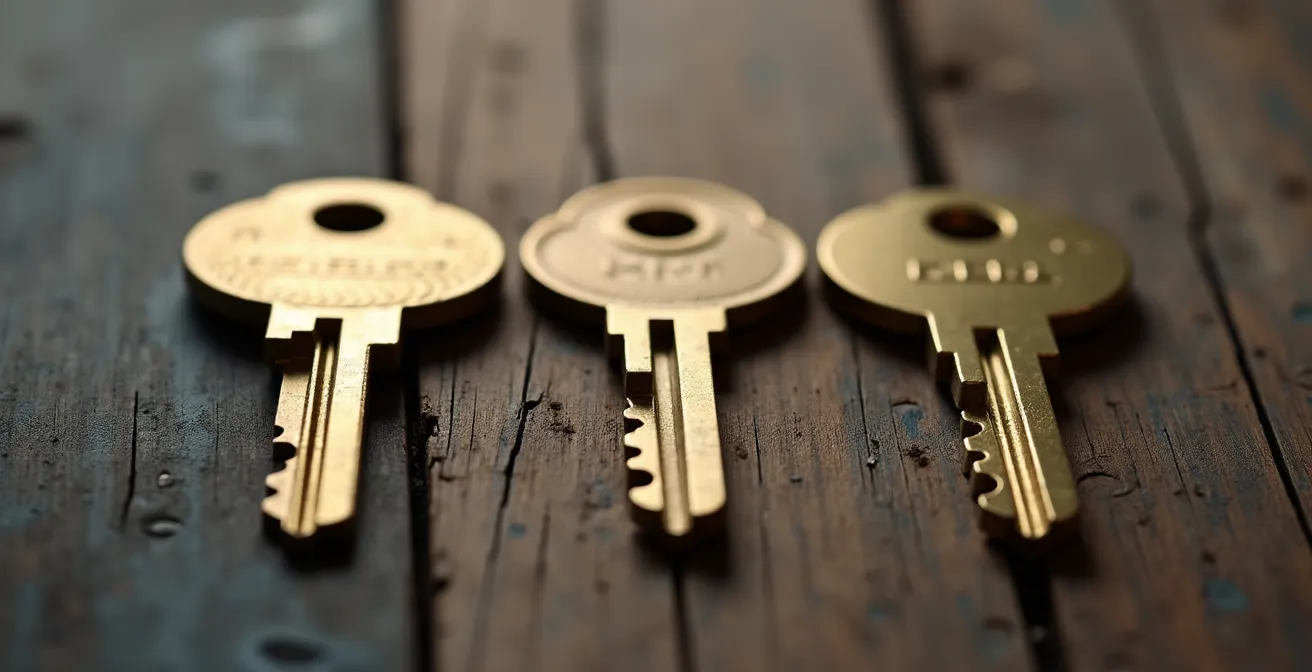 Vue macro de trois clés identiques posées côte à côte sur une surface texturée