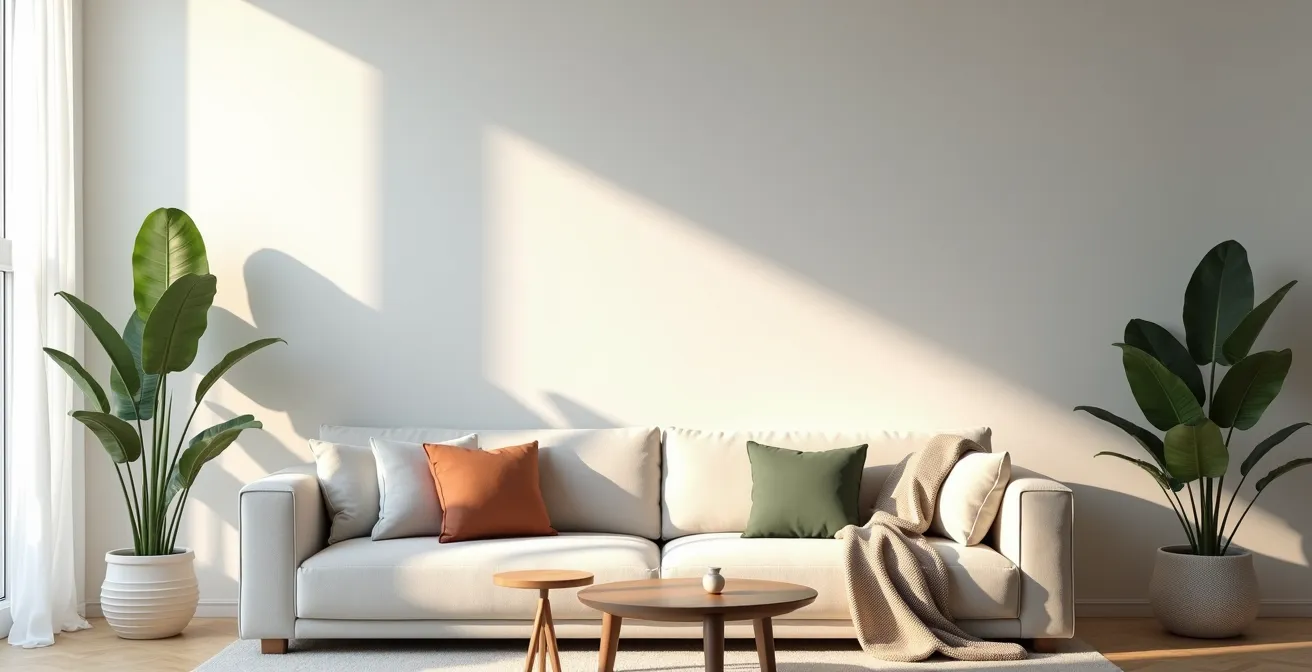 Salon épuré après home staging avec mobilier moderne et éclairage naturel