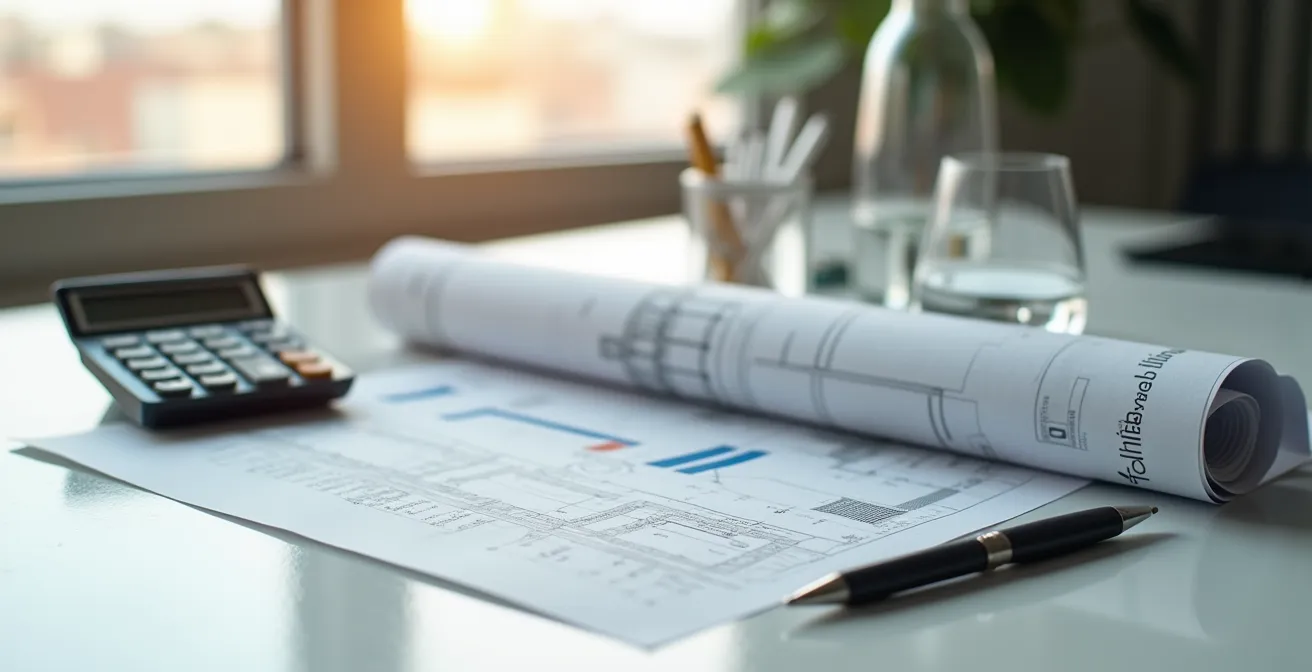 Calculatrice professionnelle avec graphiques financiers et plans architecturaux en arrière-plan