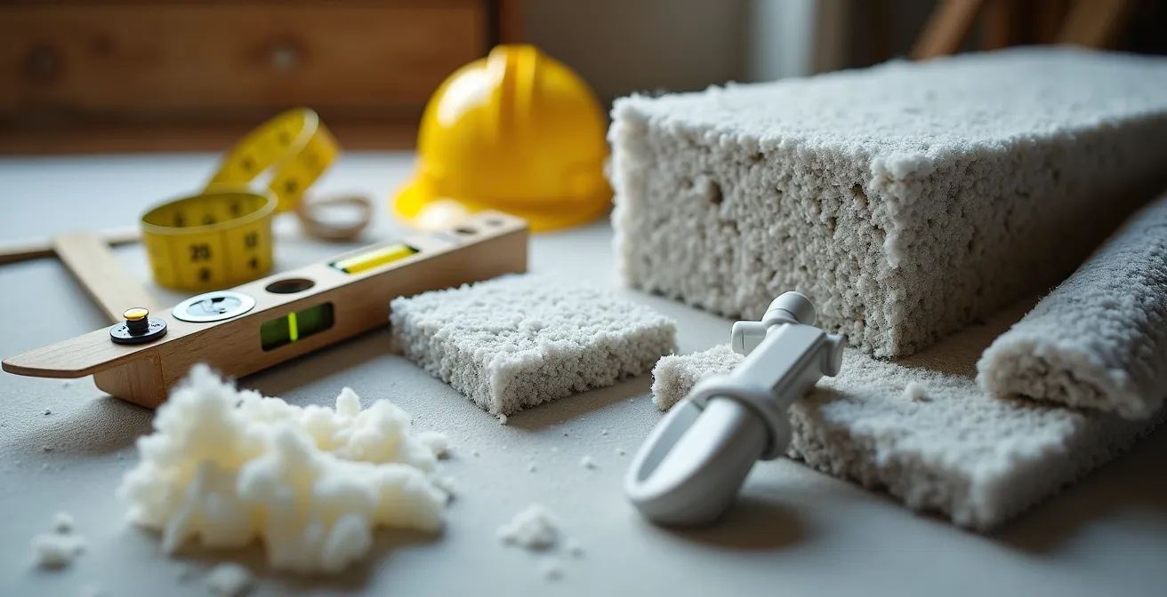 Gros plan sur des matériaux d'isolation thermique et outils de rénovation professionnels