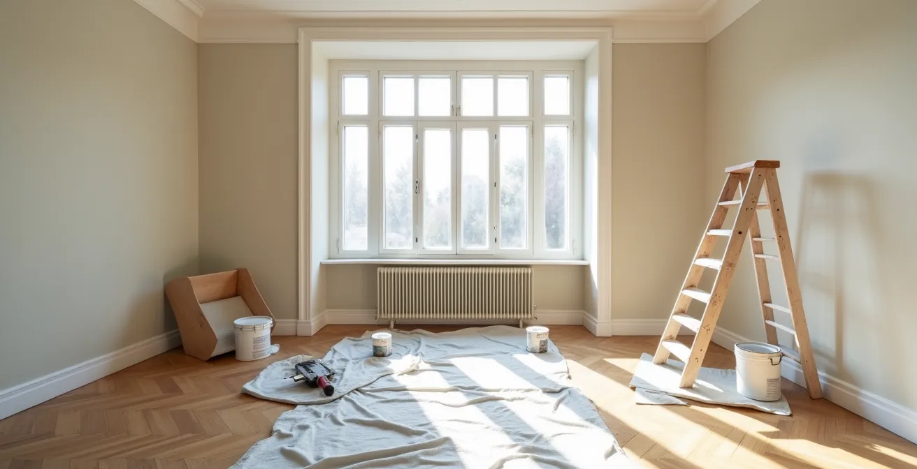 Chantier de rénovation intérieure montrant des travaux de peinture et de réparation dans un appartement ancien