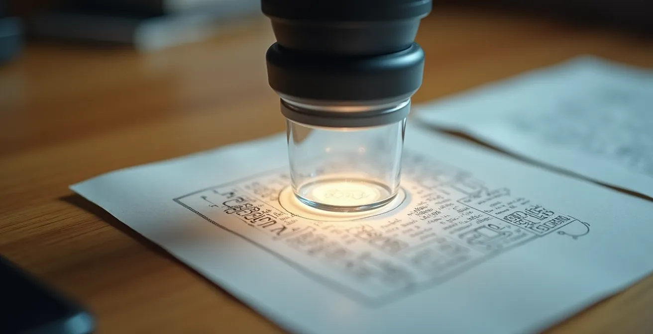 Analyse détaillée de documents avec loupe professionnelle sur bureau organisé