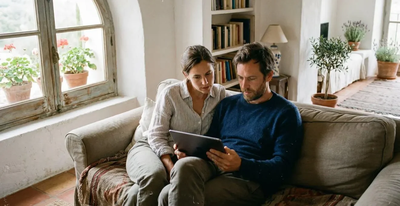 Un couple trentenaire assis sur un canapé beige consulte une tablette ensemble, visages concentrés, dans un salon lumineux aux tons méditerranéens