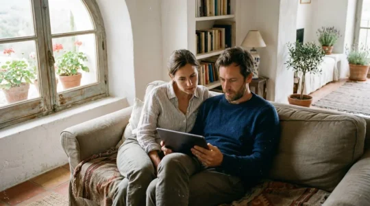 Un couple trentenaire assis sur un canapé beige consulte une tablette ensemble, visages concentrés, dans un salon lumineux aux tons méditerranéens