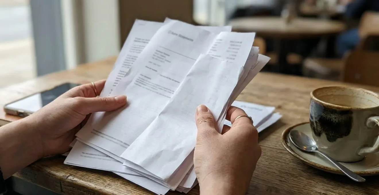 Mains d'une personne tenant des documents administratifs comme des fiches de paie et des relevés bancaires, sur une table en bois avec une tasse de café visible en arrière-plan
