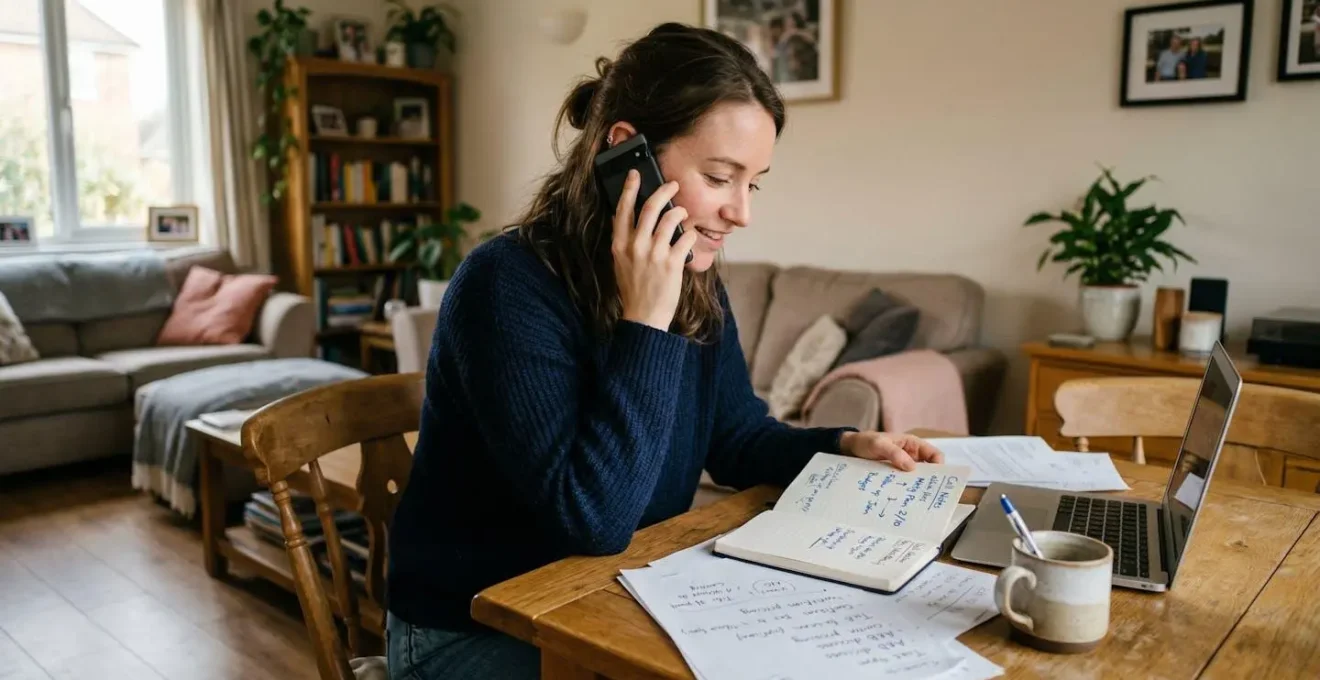 Une personne au téléphone dans un salon, expression engagée dans une conversation, avec des notes manuscrites sur la table devant elle