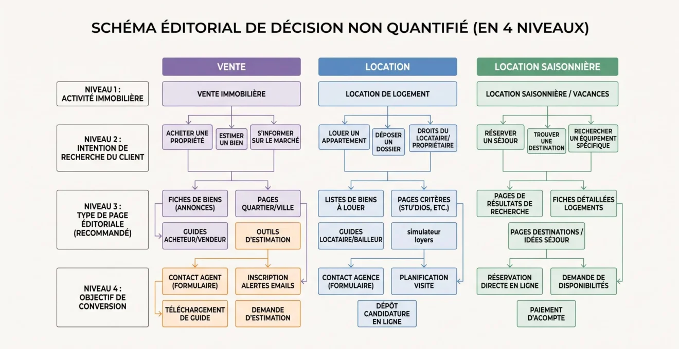 Schéma de décision pour organiser les pages SEO d'une agence immobilière multiservices